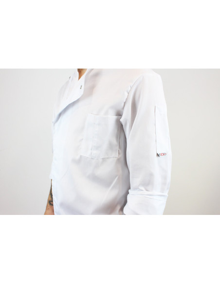 Egochef Halvat Air Plus valkoinen polyesteristä ja puuvillasta valmistettu pitkähihainen unisex-keittiötakki.