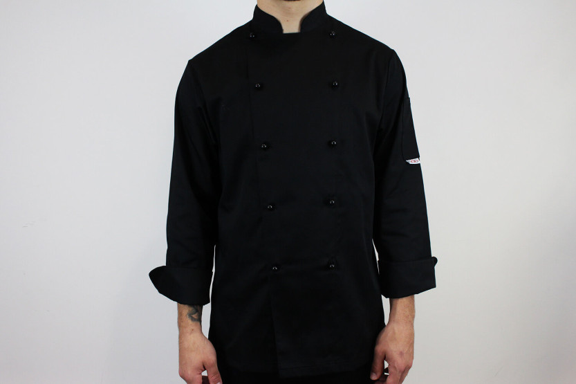 Chaqueta de cocina unisex de manga larga de poliéster y algodón negro Egochef Safety