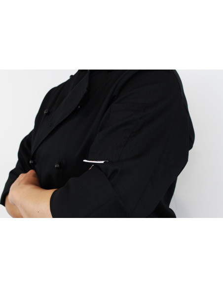 Egochef Safety musta polyesteristä ja puuvillasta valmistettu pitkähihainen unisex-keittiötakki.