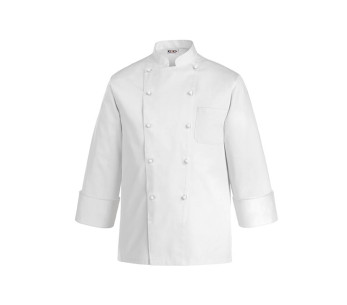 Egochef Rex valkoinen 100 % puuvillainen pitkähihainen unisex-keittiötakki.