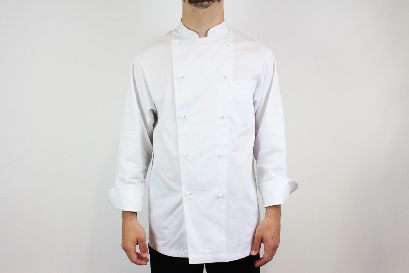 Egochef Rex valkoinen 100 % puuvillainen pitkähihainen unisex-keittiötakki.