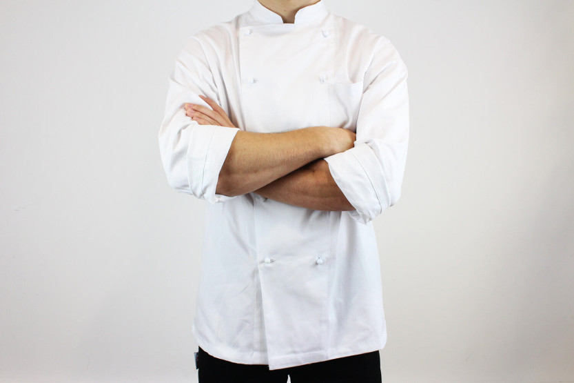 Egochef Rex valkoinen 100 % puuvillainen pitkähihainen unisex-keittiötakki.