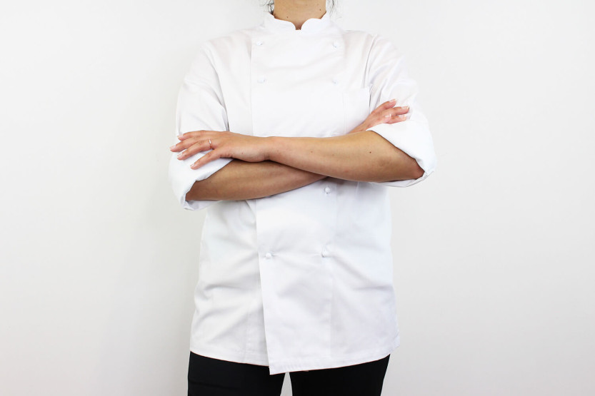 Egochef Rex valkoinen 100 % puuvillainen pitkähihainen unisex-keittiötakki.
