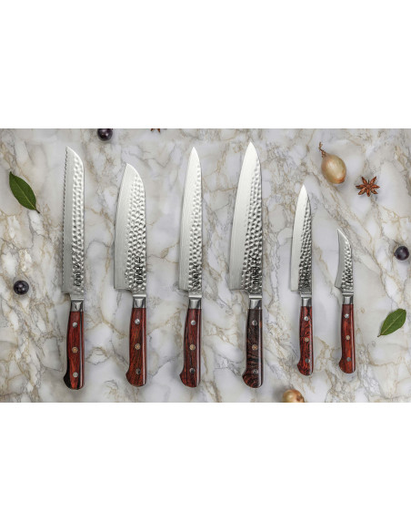 faca santoku Fukito Rosewood Damascus 67 camadas Cabo em pau-rosa de 18 cm