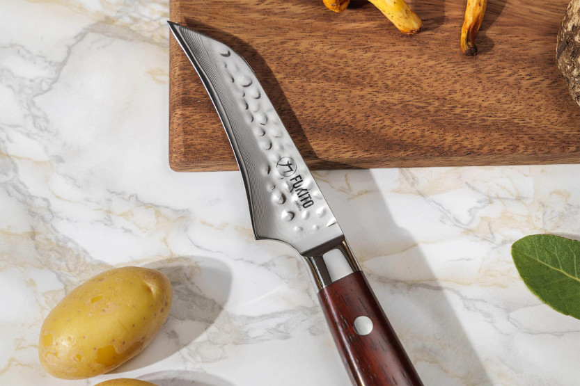 Fukito palo de rosa Damasco 67 capas Cuchillo de pico de pájaro 8cm mango de palo de rosa