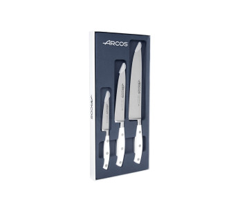 Caixa de 3 facas forjadas Arcos Riviera Branco: 1 de escritório + 2 de cozinha (15cm / 20cm)