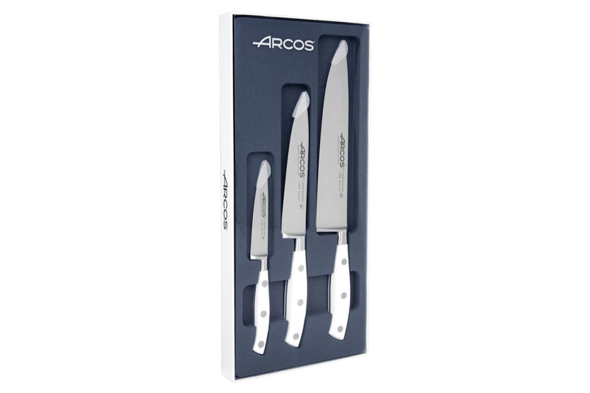 Confezione di 3 coltelli forgiati Arcos Riviera White: 1 da ufficio + 2 da cucina (15cm / 20cm)
