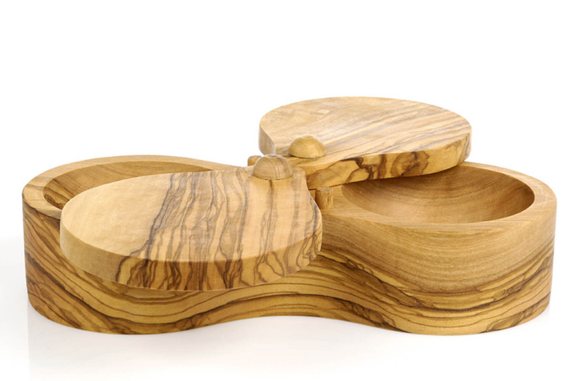 Bérard handmade olive wood double compartment salt container 18cm
