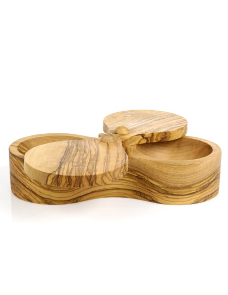Bérard handmade olive wood double compartment salt container 18cm
