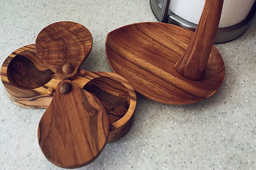 Bérard handmade olive wood double compartment salt container 18cm