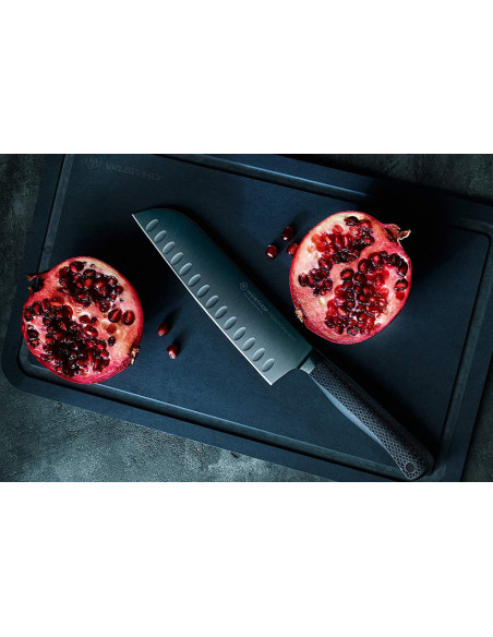 Wusthof Performer santoku knife 17cm with granton edgeblade with black anti-scratch coating