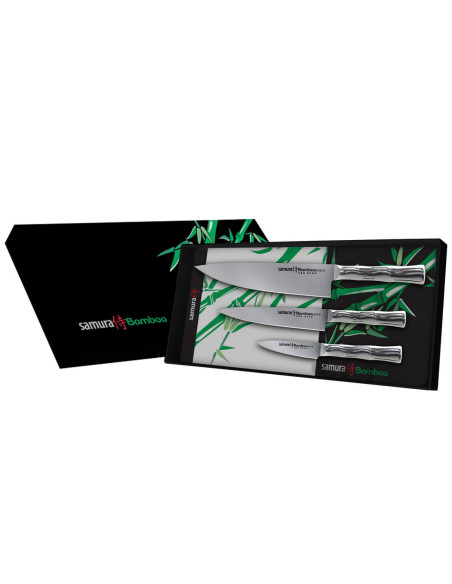 Caja de 3 cuchillos Samura Bamboo AUS8 de acero inoxidable: Office + Universal + Chef