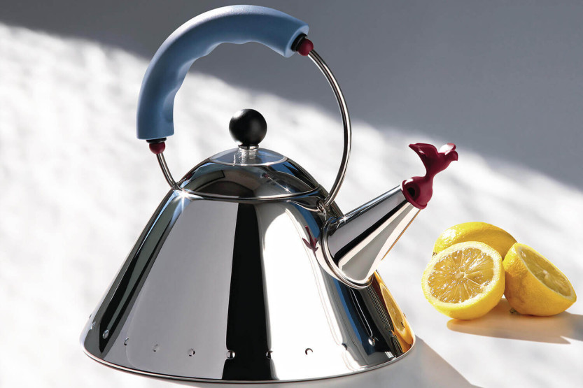 Alessi Oisillon induction kettle in 18/10 stainless steel designed by Michael Graves