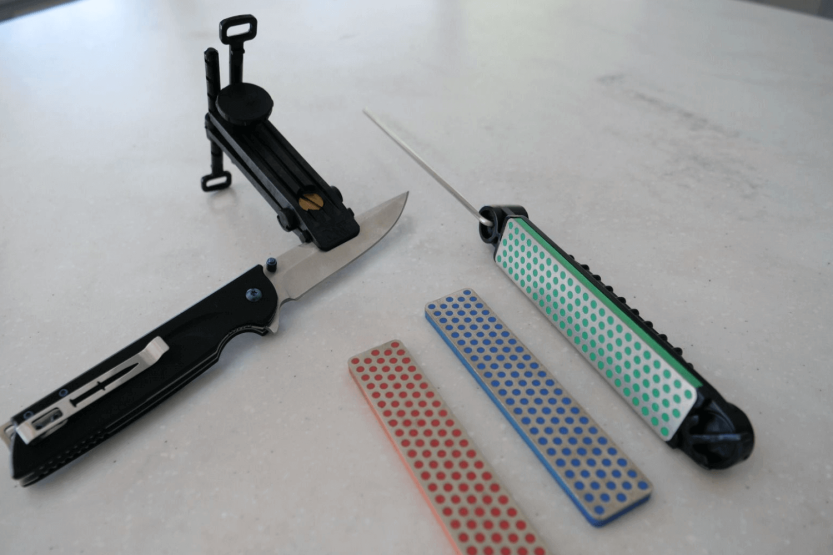 Set van 3 diamantslijpstenen DMT Aligner Prokit met houder + aanzetstaal voor kartelmes + slijphulp