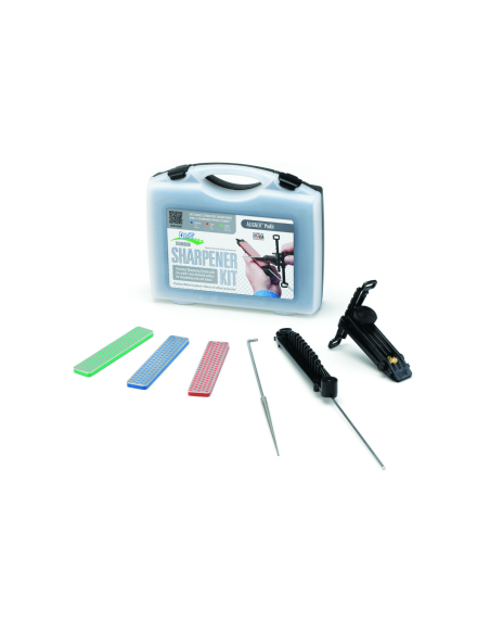 Sett med 3 diamantslipesteiner DMT Aligner Prokit med holder + slipestål for taggete blad + slipeveiledning