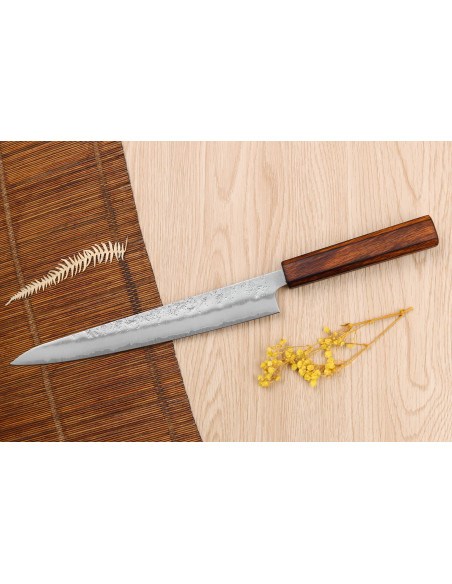 Faca japonesa sujihiki Wusaki Yoshi G3 em carvalho de 24 cm feita à mão