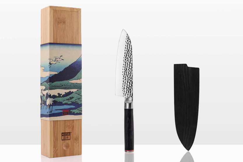 santokumesser Kotai 18cm gehämmerte Klinge Pakkaholzgriff mit Scheide
