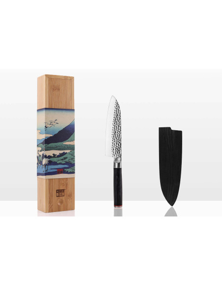 coltello santoku Kotai 18 cm con lama martellata e manico in pakkawood con fodero