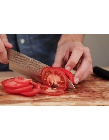 Cuchillo santoku Kotai 18cm hoja martillada mango pakkawood con funda