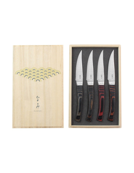 Boxed set of 4 Kanetsugu Nami Japanese steak knives, damascened in 4 different colors