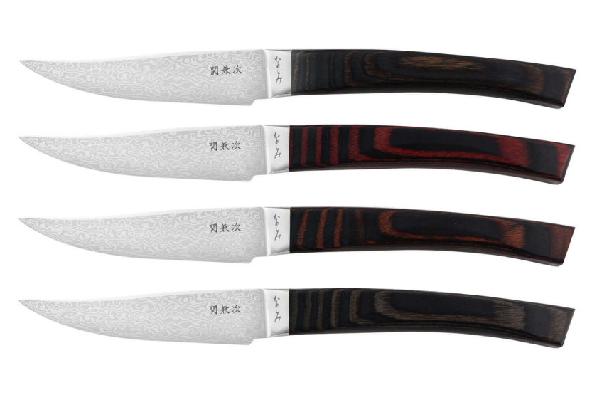 Boxed set of 4 Kanetsugu Nami Japanese steak knives, damascened in 4 different colors