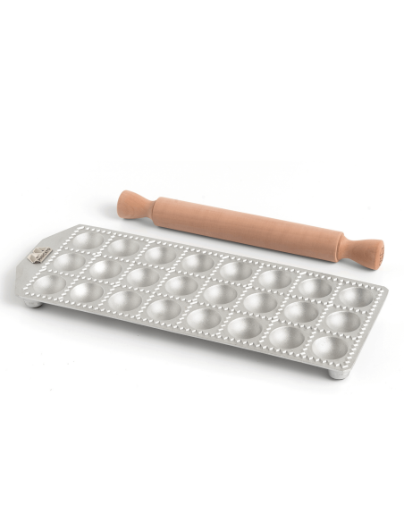 Marcato Ravioli-Form 24 runde Vertiefungen + Mini-Holzrolle