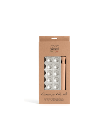 Marcato Ravioli-Form 24 runde Vertiefungen + Mini-Holzrolle