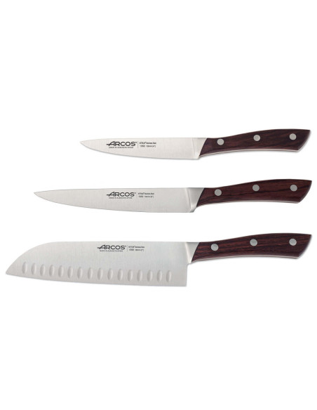 Sett med 3 Arcos Natura kjøkkenkniver: Kontor + Utskjæring + Santoku