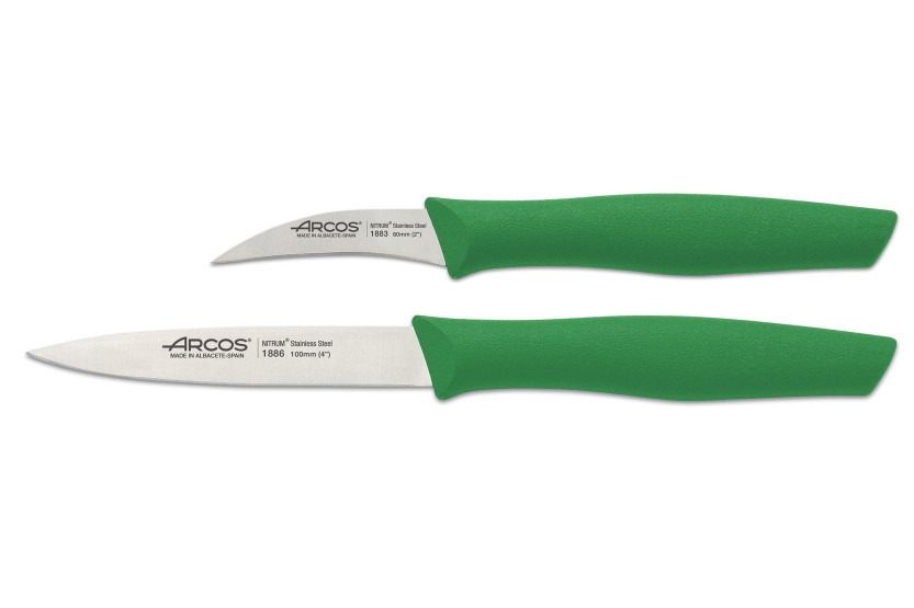 Conjunto de 2 facas Arcos Nova 1 bico de pássaro 6cm + 1 escritório 10cm cabos verdes
