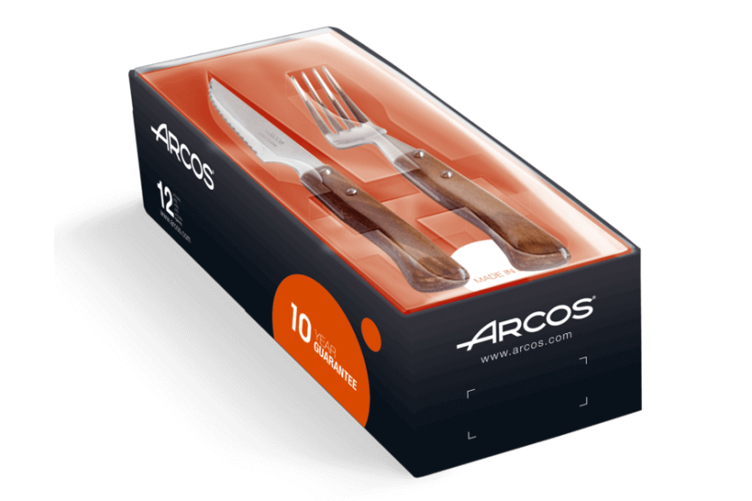 Conjunto de caixa 6 facas Arcos + 6 garfos em aço NITRUM com cabos de madeira
