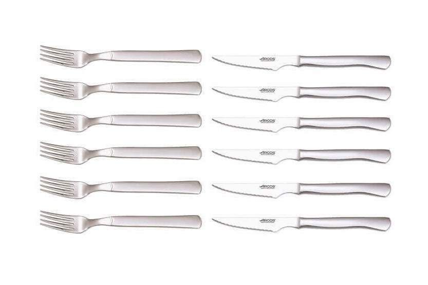 Sett med 6 Arcos-kniver + 6 gafler, mikro-tannede blad i ett stykke