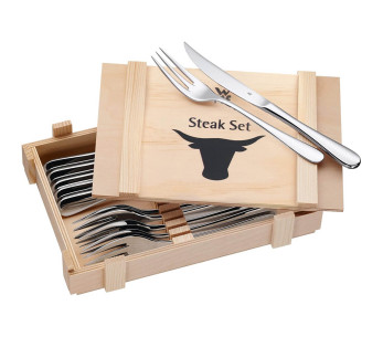 Set med 6 WMF Holzkass-stekknivar + 6 gafflar i 18/10 Cromargan rostfritt stål