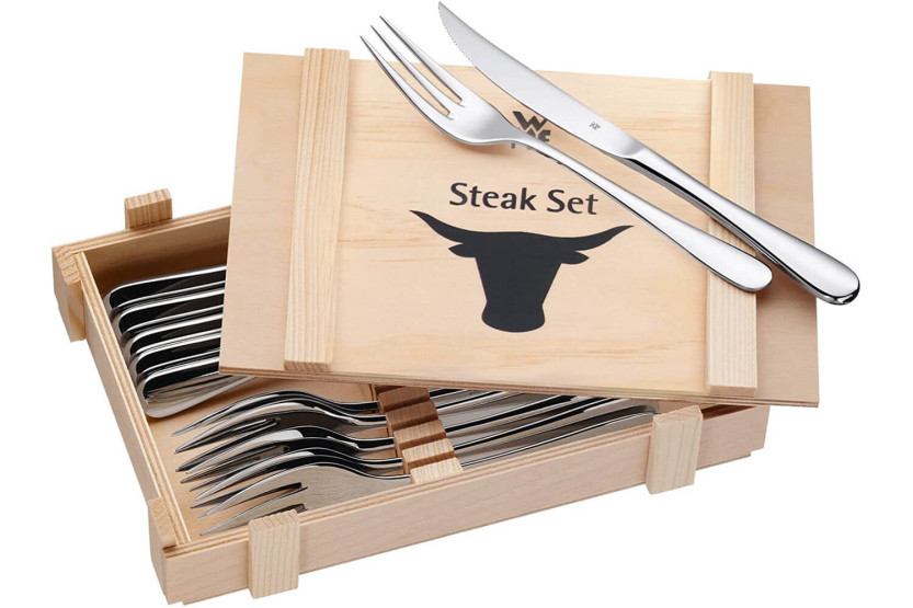 Sæt med 6 WMF Holzkass steakknive + 6 gafler i 18/10 Cromargan rustfrit stål