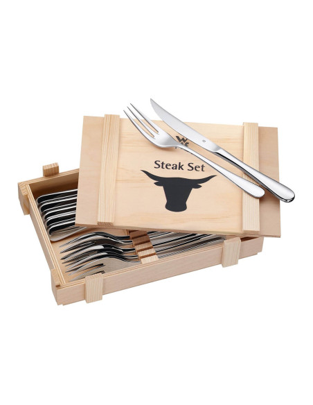 Conjunto de 6 facas para bifes WMF Holzkass + 6 garfos em aço inoxidável 18/10 Cromargan