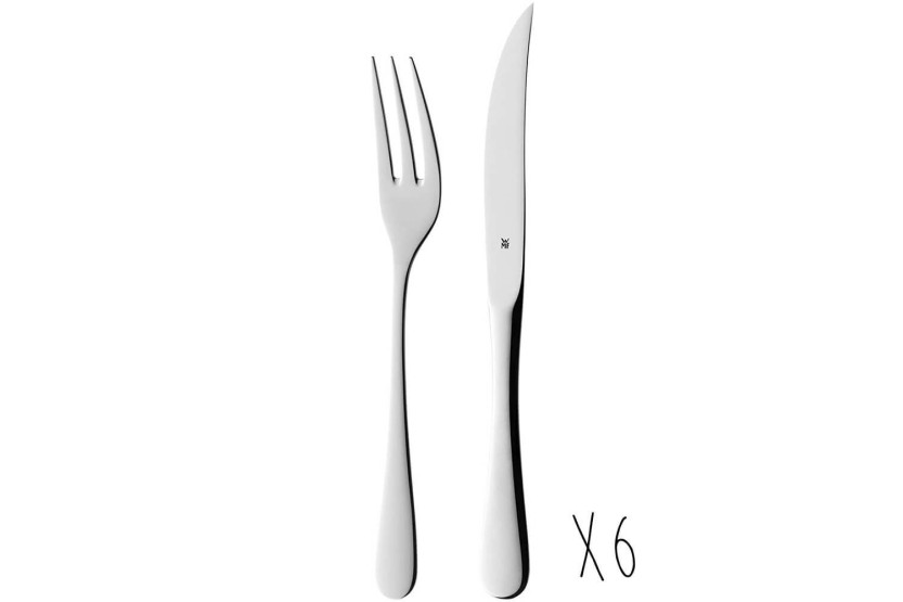 Conjunto de 6 facas para bifes WMF Holzkass + 6 garfos em aço inoxidável 18/10 Cromargan