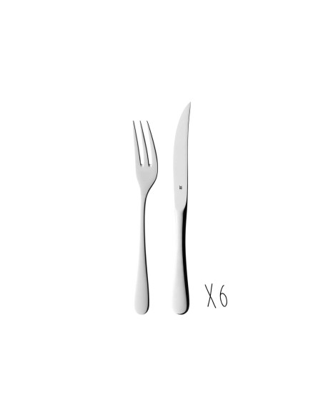 Sæt med 6 WMF Holzkass steakknive + 6 gafler i 18/10 Cromargan rustfrit stål