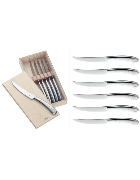 Sett med 6 WMF Geschenkide biffkniver i ett stykke 18/10 rustfritt stål med takket blad