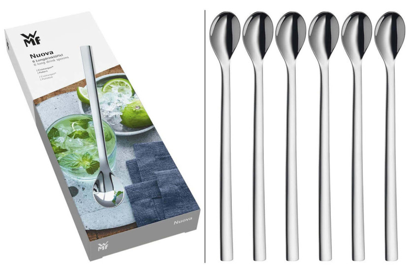 Conjunto de 6 colheres longas para bebidas/cocktails WMF Nuova em aço inoxidável 18/10 Cromargan