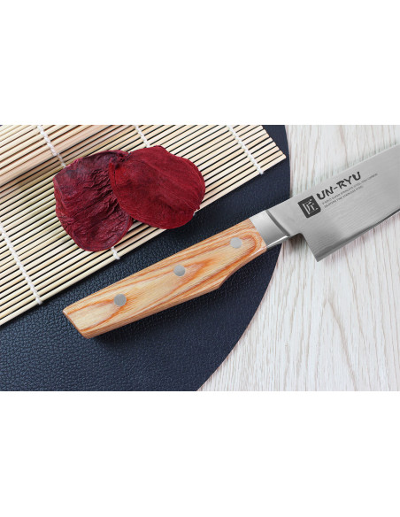 Shimomura Un-Ryu 16cm 33-lagig damascus japans santoku mes