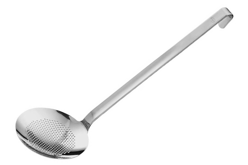 Escumadeira plana perfurada fina Rösle em aço inoxidável com gancho - Diâmetro 12cm