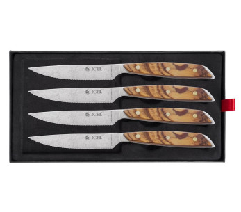 Set med 4 Icel steakknivar 11cm tandat blad olivträ rakt handtag