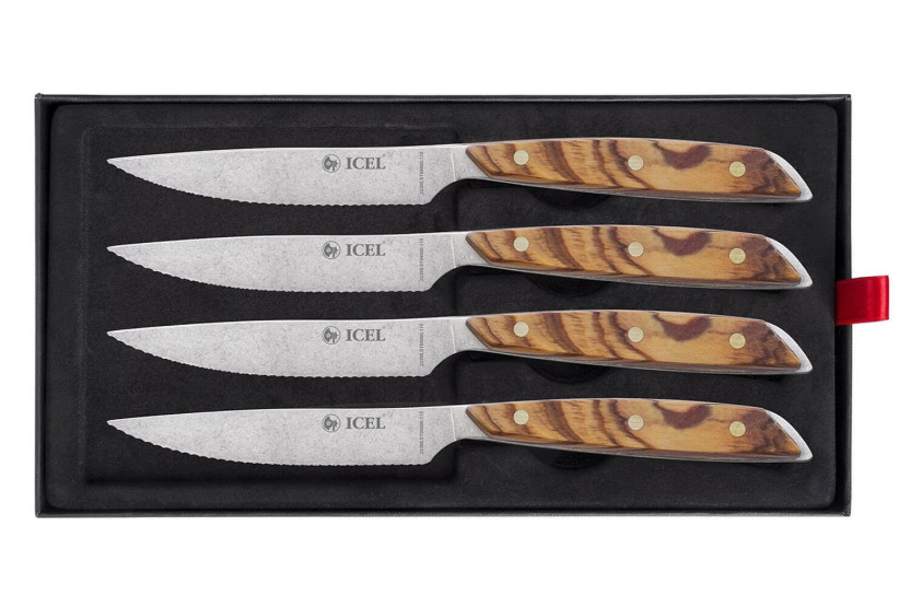Set of 4 Icel steak knives 11cm serrated blade olive wood straight handle
