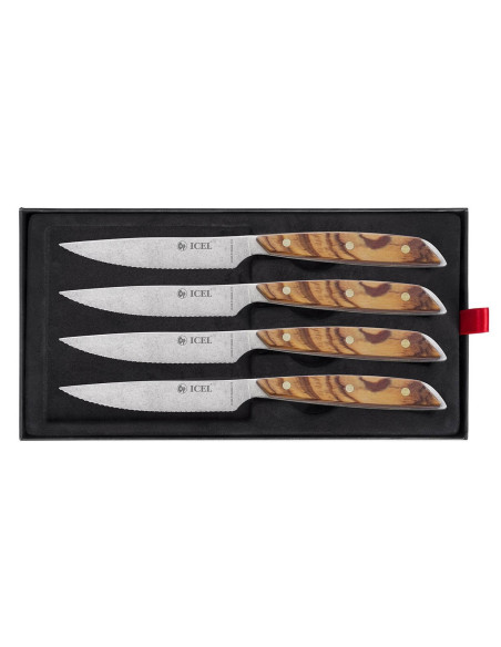 Set of 4 Icel steak knives 11cm serrated blade olive wood straight handle