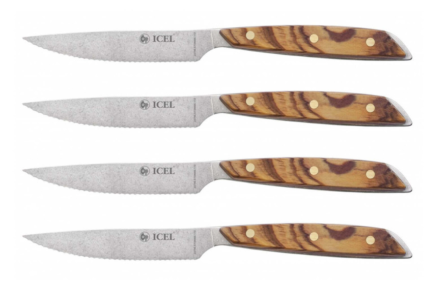 Set of 4 Icel steak knives 11cm serrated blade olive wood straight handle