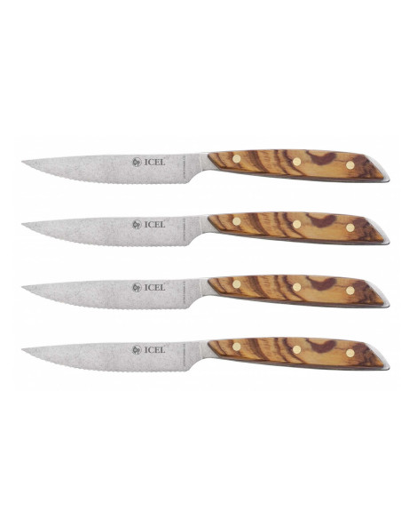 Set of 4 Icel steak knives 11cm serrated blade olive wood straight handle