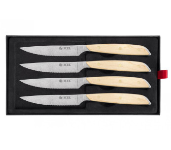 Set van 4 Icel steakmessen 11cm gekarteld lemmet recht esdoornhouten handvat