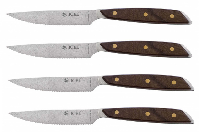 Estuche de 4 cuchillos Icel para chuletas Hoja dentada de 11 cm, mango recto de madera
