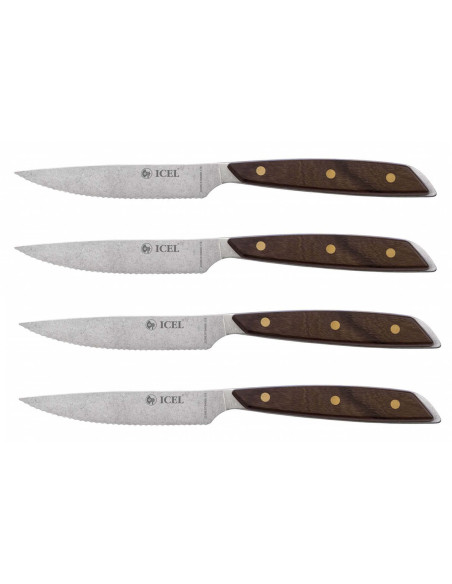 Sæt med 4 Icel-steakknive 11 cm med savtakket blad og lige træhåndtag