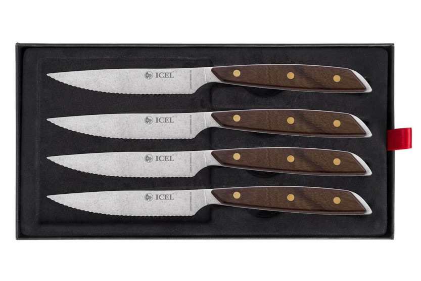 Sæt med 4 Icel-steakknive 11 cm med savtakket blad og lige træhåndtag