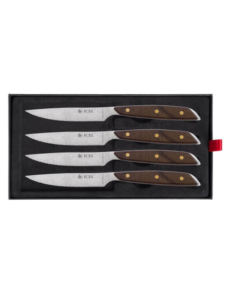 Sæt med 4 Icel-steakknive 11 cm med savtakket blad og lige træhåndtag
